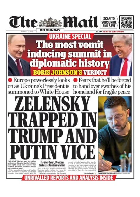 The headline on the front page of the Mail on Sunday reads: "Zelensky is trapped in Trump and Putin vice".