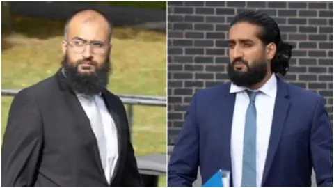 A composite image of the drivers. On the left, Photograph showing Umar Ben Yusaf, who wears a black two piece suit, a pale grey tie and white shirt. He has a bald head and a brown long haired beard. He is leaving Mold Crown Court and his jacket blows in the wind. Grass can be seen behind him, as well as boulders and bins. On the right, Photograph showing Abubakr Ben Yusaf, who wears a navy two piece suit, a blue tie and white shirt. He has brown long hair and a brown long haired beard. He is leaving Mold Crown Court and holds a blue folder under his left arm.