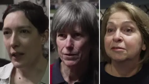 A composite image shows close-ups of three women in a bell‑ringing tower, with stone walls behind them. Left to right, they are Rona Joiner, Cathryn Hills and Liz Barnes.