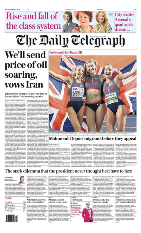 The headline of the front page of the Daily Telegraph reads: "We'll send price of oil soaring, vows Iran."
