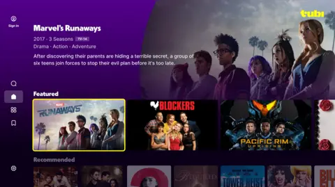 Home screen of the Tubi streaming platform.