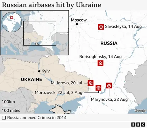 Map of Russian air bases attacked by Ukraine