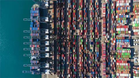 Getty Images Aerial view of shipping container at dock