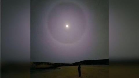 The lunar halo appeared over the beach in Cullercoats, North Tyneside
