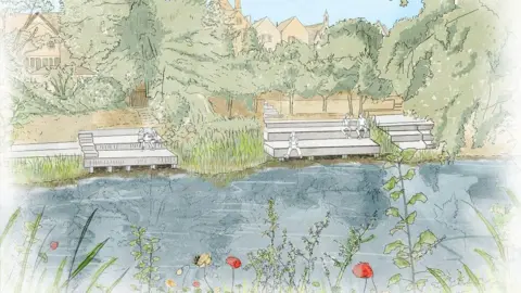 Environment Agency Coloured sketch with river, trees and steps to sit on next to the river