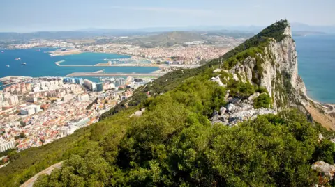 View of rock of Gibraltar and city and coastline in the background.