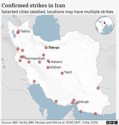 The image is a map of Iran with red star symbols indicating locations which have had one or more US and Israeli strikes. In addition some key cities are labelled, these include: - Tabriz (north west Iran)
- Tehran (north central Iran, the capital)
- Isfahan (central Iran)
- Yazd (central Iran)
- Kermanshah (west Iran)
- Minab (south Iran) The map includes a small inset globe in the top-right corner highlighting Iran’s location in the Middle East. A BBC logo appears in the bottom-right corner. The borders of surrounding countries and coastlines are faintly outlined, but the focus is on the distribution of strike locations across Iran.
