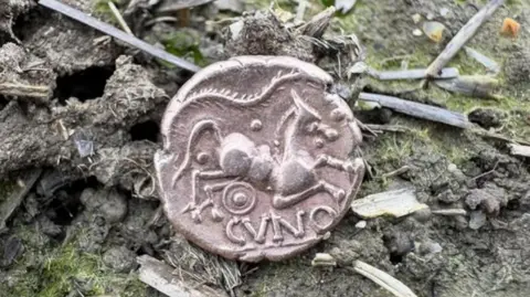 Charlie Cooper A close up of an Iron Age gold coin showing a leaping horse and the letters CVNO. It is resting on a clump of mossy soil.