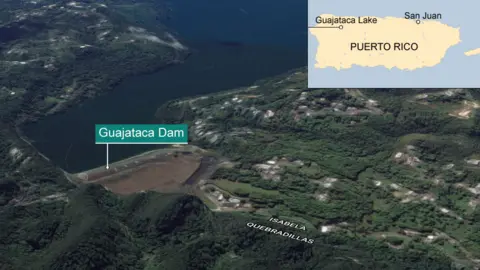 Google A 3D render from Google earth showing Guajataca dam. Inset, top right, is map of Puerto Rico showing the considerable distance from San Juan to the region - almost on opposite sides of the country