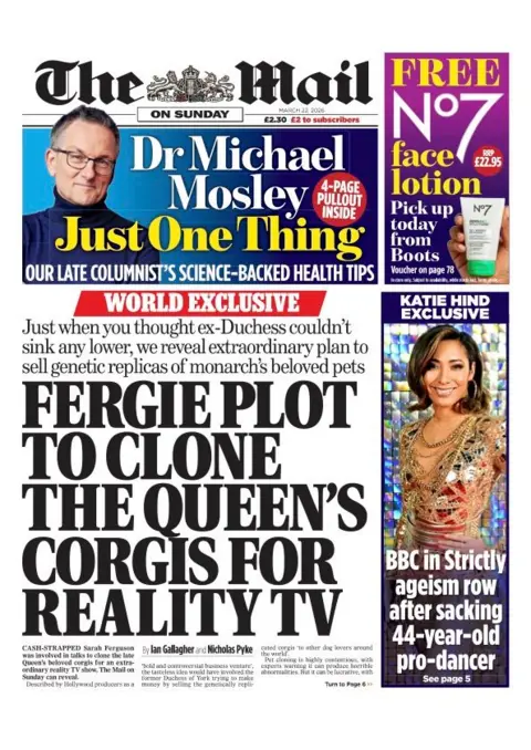 The headline on the front page of the Mail on Sunday reads: “Fergie plot to clone the Queen's corgis for reality TV.