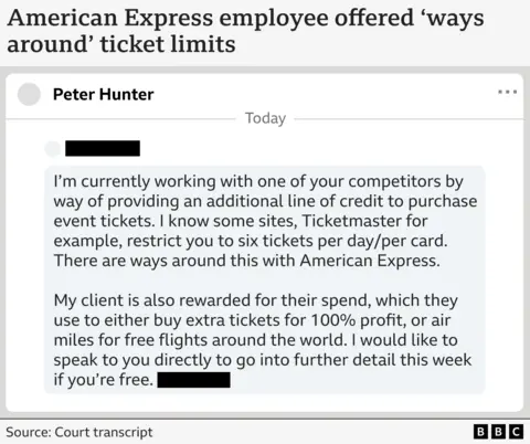  "I'm currently working with one of your competitors by way of providing an additional line of credit to purchase event tickets. I know some sites, Ticketmaster for example, restrict you to six tickets per day/per card. There are ways around this with American Express. My client is also rewarded for their spend, which they use to either buy extra tickets, or air miles for free flights around the world. I would like to speak to you directly to go into further detail this week if you're free."