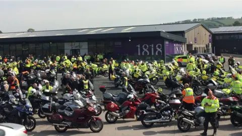 BBC Motorcyclists gathering before funeral