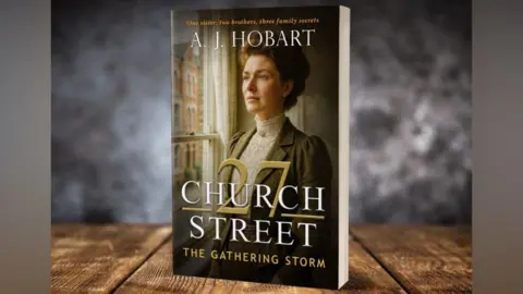 Adrian Hobart The book cover is features a woman in Victorian-era clothing looking out of a window. The title "27 Church Street - The Gathering Storm" is written in white and gold lettering.