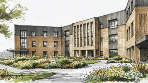 An artist's drawing of a large three-storey building with a garden in front of it