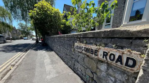 Close up of Ashcombe Road sign which is on a stone wall in front of a house. Road has lots of homes on and green bushes and trees