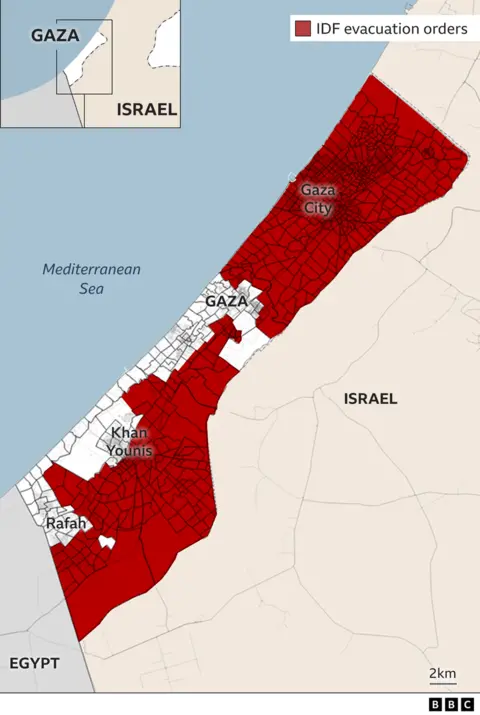 Ramani inayoonyesha sehemu ya Gaza waliohamishwa