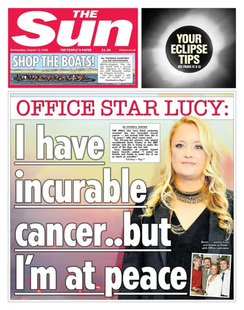 The headline on the front page of the Sun reads: "I have incurable cancer, but I'm at peace."
