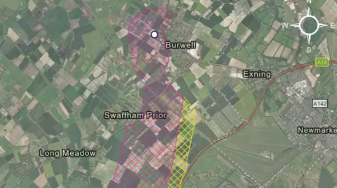 Kingsway Solar Image shows a map of Burwell, Swaffham Prior, Exning, Newmarket and Long Meadow. A pink and yellow area is marked diagonally on the map to show the connecting corridor coming towards Burwell from the south.