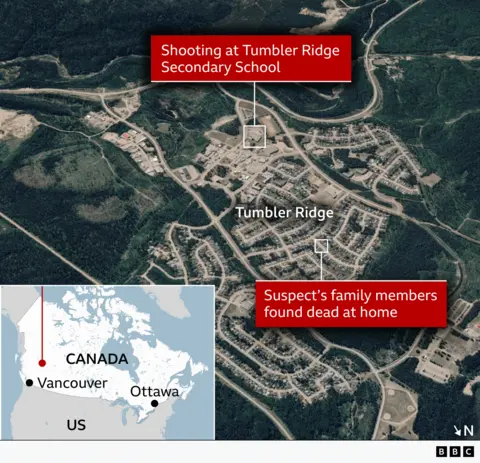 the Tumbler Ridge Secondary School and the home where the suspect's mother and stepson were found. 
In the bottom left corner a smaller map shows where Tumbler Ridge is on a map of Canada. 