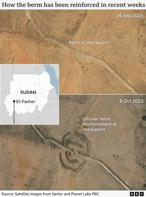A before and after satellite photo showing how the berm and a checkpoint have been reinforced, from 26 September and 8 October. Both have been visibly reinforced.