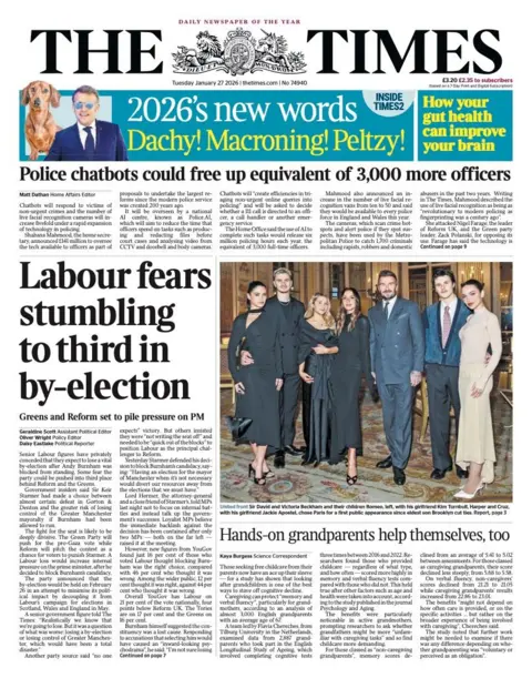 The headline on the front page of the Times reads: “Labour fears stumbling to third in by-election”.
