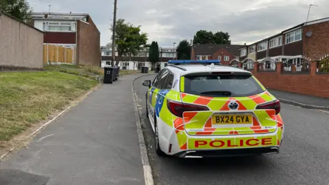 A police car is parked on a street with its rear facing the camera. On the left is a pavement with some bins on, which a grass verge. To the right is a brick wall. There are houses in the background of the image
