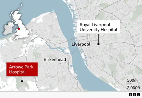 Map showing the location of Arrowe Park Hospital on the Wirral, west of Liverpool. The map labels Birkenhead and Liverpool separated by the River Mersey and marks Royal Liverpool University Hospital in Liverpool.