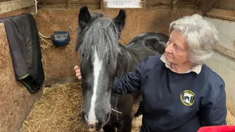Sue Veale stroking a black and white horse in a stable. The horse has long black hair on its face and is on Sue's right. She is wearing an Erme Valley Riding for the Disabled jumper with the logo in the top right.