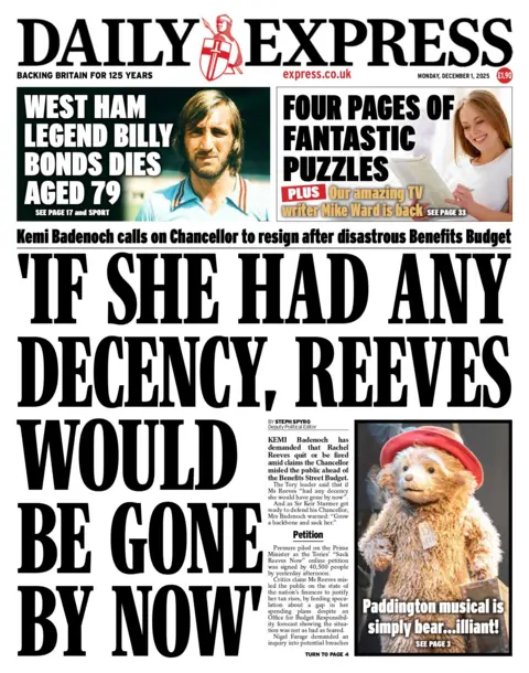 "If she had any decency, Reeves would be gone by now" reads the headline on the front page of the Daily Express.