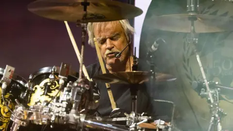 Drummer Frank Beard of ZZ Top performs behind a drum kit onstage during Day 1 of the 2023 Stagecoach Festival on 28 April 2023 in Indio, California.