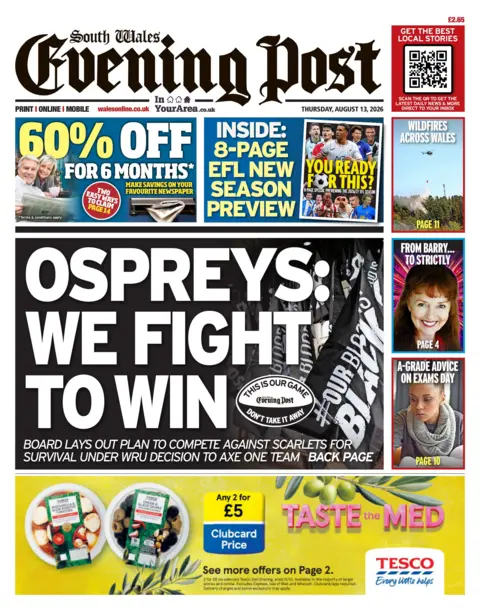 South Wales Evening Post Front page of the South Wales Evening Post with splash healdine: "Ospreys: We fight to win".