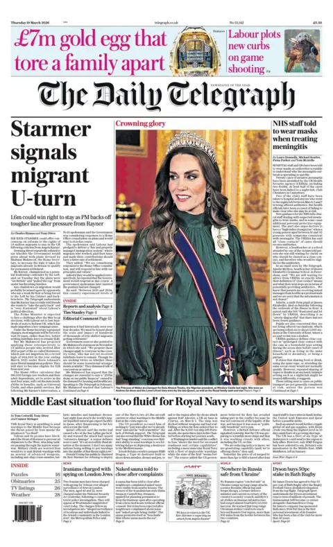 The headline on the front page of the Daily Telegraph reads: "Starmer signals migrant U-turn."