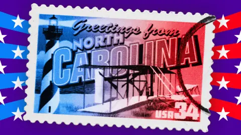 BBC An image of a blue and red toned North Carolina postage stamp on a purple background with white stars and blue and red stripes. The stamp depicts the Wright brothers' airplane and the Cape Hatteras Lighthouse with the inscription 