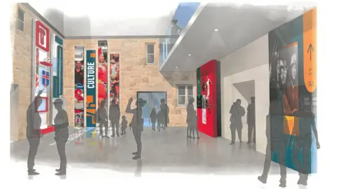 Amgueddfa Dau Initial designs for the new museum - Y Cwrt Mawr - the entrance to the new museum of two halves