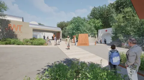 Jersey War Tunnels Image shows the proposed museum at Jersey War Tunnels. Pedestrians are walking around the site. A cream path leads up to the building. The side of the building has the JWT Museum logo in gold.