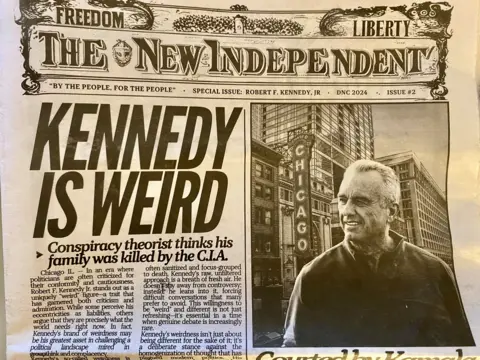 BBC / Mike Wendling A newspaper called "The New Independent" with a picture of RFK Jr and the headline "Kennedy is weird"