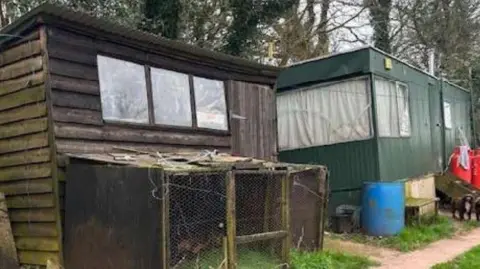 LDRS A brown garden shed sits next to the rusty green caravan with white curtains in the window. In front of the shed is a wooden dog kennel. 