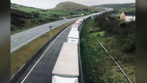 BBC Lorries queued in Aycliffe A20