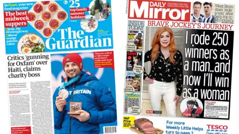 Composite of Guardian and Daily Mirror front pages