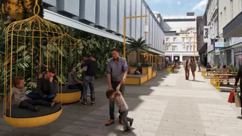 Newcastle City Council Artist's impression of Saville Row with "hanging basket" chairs and greenery