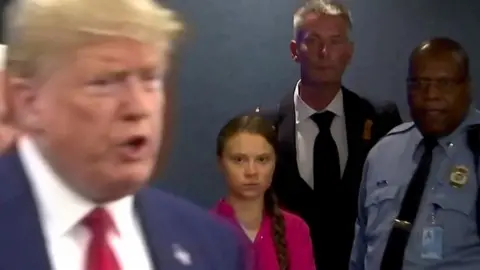 Reuters Greta Thunberg watches as U.S. President Donald Trump enters the United Nations in 2019