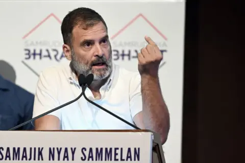 Getty Images : Congress leader Rahul Gandhi addresses the Samajik Nyay Sammelan at Jawahar Bhavan, on April 24, 2024 in New Delhi, India.