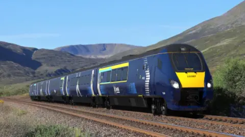 A modern ScotRail train in dark blue livery travels through a scenic Highland landscape, surrounded by mountains, greenery, and clear blue skies.