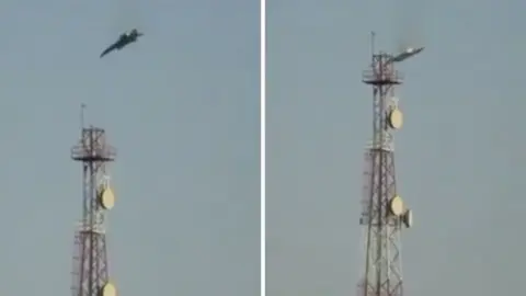 A split-screen image uses screengrabs from footage, verified by the BBC, that shows a fighter jet falling from the sky
