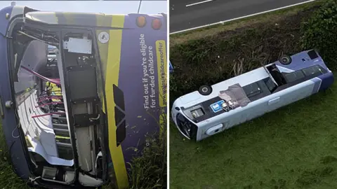 A comp image. On the left a purple bus is seen on its side, with its window smashed. On the right the same bus is seen from the air, on its side in a field