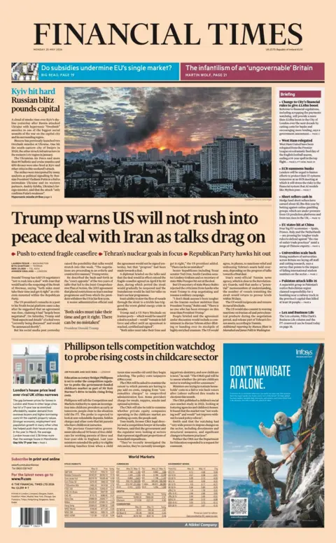 "Trump warns US will not rush into peace deal with Iran as talks drag on" reads the headline on the front page of the Financial Times.