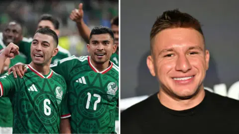 Split image of Mexico players celebrating after their World Cup win over Ecuador, plus Stephen Deleonardis at the 2024 PrizePicks World Championship 