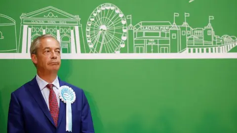 Britain's Reform UK Party Leader Nigel Farage looks on after winning his first seat in parliament during the UK election in Clacton-on-Sea, Britain, July 5, 2024.