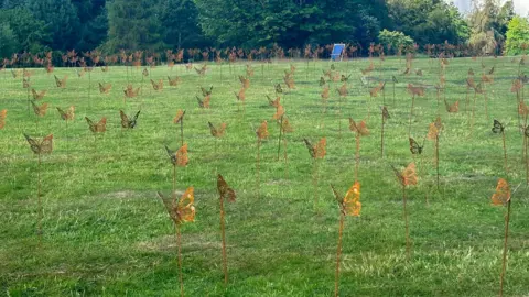 Rotherham Hospice A grassy field of gold-coloured butterfly ornaments on sticks.