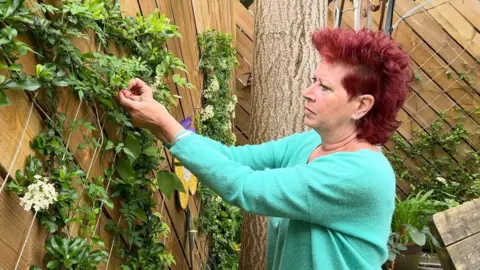 Jenny Carruthers tending to some plants on a fence